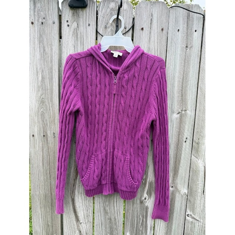 Preppy Cable Knit St. John's Bay Hoodie Sweater M Purple Zip Up Hooded
